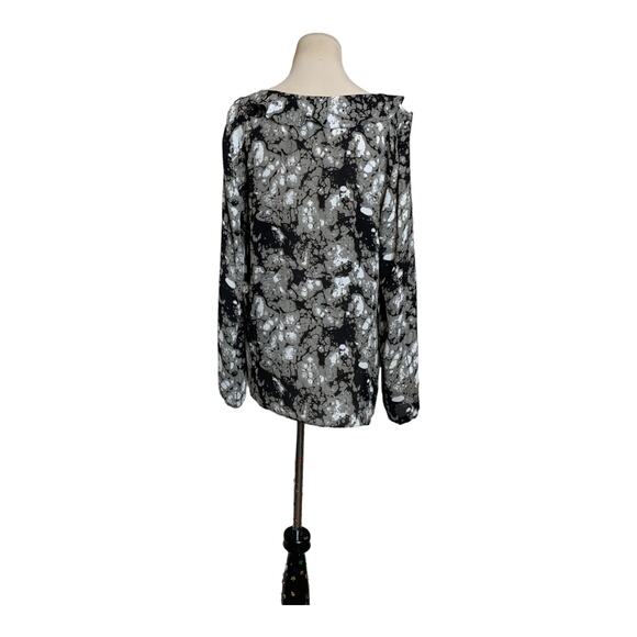Anne Klein black abstract print ruffled neck long sleeves blouse size Large - Picture 7 of 11